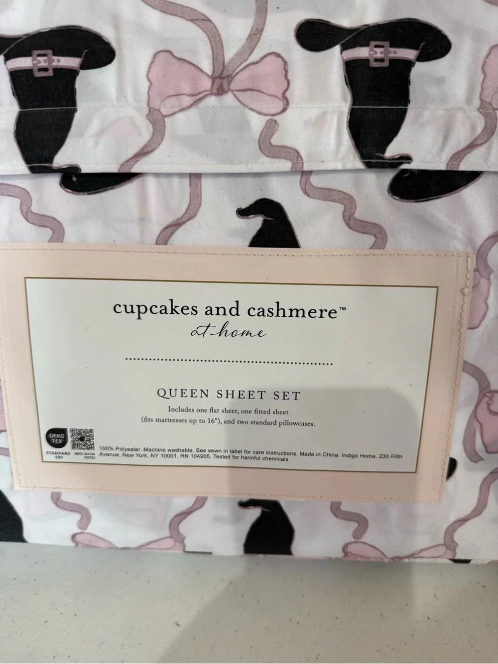 cupcakes & cashmere White Sheet Set with Pink Bows and Black Silhouettes